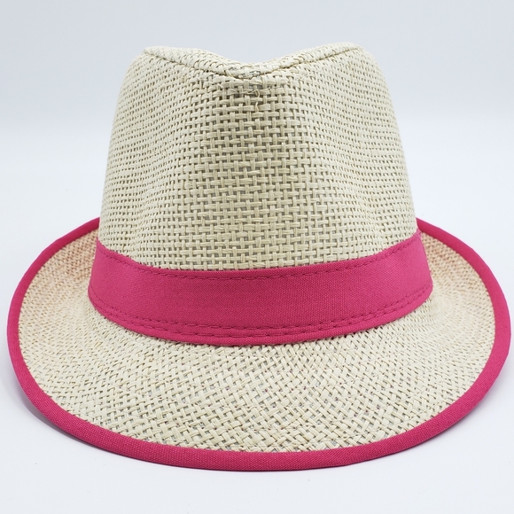 Stylish Straw Fedora Hat w/Pink Band & Rim Line - Picture 2 of 4